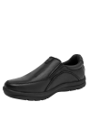 Zapato de cuero negro para hombre, estilo mocasín casual, con costuras detalladas y elásticos laterales para ajuste cómodo.