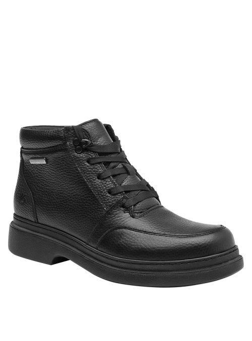 Botín negro de cuero para hombre, estilo casual, con suela robusta y tracción, adecuado para diferentes climas y actividades.