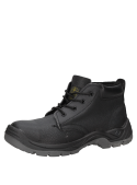 Calzado de seguridad negro con puntera de acero, suela de poliuretano resistente a hidrocarburos.