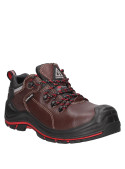 Calzado de seguridad en cuero café, suela aislante eléctrica, protección integral.