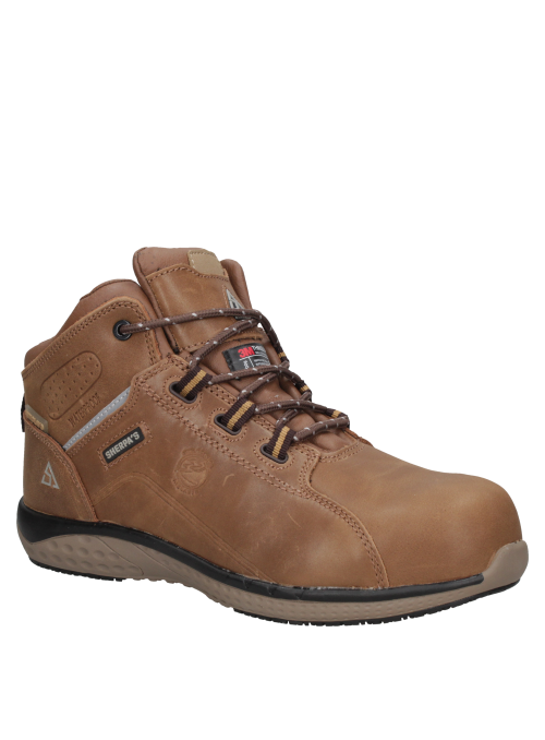 Calzado camel con cordones reflectantes y construcción cementada, ideal para entornos laborales.