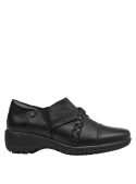 Calzado zapato negro casual de cuero para mujer, cómodo y elegante, con diseño trenzado y soporte adecuado para caminar.