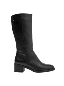Sofisticada bota negra de cuero, caña alta y diseño clásico, ofrece estabilidad y versatilidad para cualquier ocasión.
