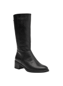 Bota negra de cuero para mujer, diseño de caña alta y puntera redondeada, ideal para un estilo casual y elegante.