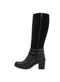 Bota casual de cuero negro para mujer, elegante, con tacón medio y aplicaciones metálicas. Ideal para cualquier clima.