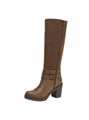Bota de cuero café para mujer, diseño casual con caña alta y textura combinada, ideal para un look elegante y estiloso.