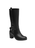 Bota negra de cuero para mujer con diseño elegante de caña alta y tacón ancho, ideal para un estilo casual o formal.