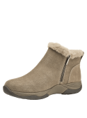 Botín taupe de mujer con borde de felpa para calidez adicional, hebilla ajustable lateral para ajuste personalizado.