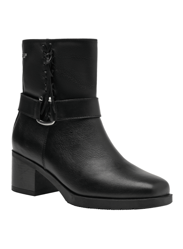 Botín de cuero marrón para mujer, casual, con cierre trenzado y hebilla, ideal para uso diario y formal.