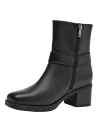 Botín negro de cuero para mujer, diseño elegante y sobrio, adecuado para uso diario o formal, con cierre lateral trenzado.