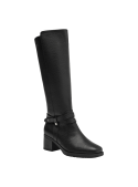 Bota de cuero negro para mujer, diseño sencillo y elegante, adecuada para uso diario en climas fríos.