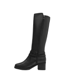 Calzado de cuero negro para mujer, bota casual con textura uniforme, perfecta para combinar con diversos atuendos.
