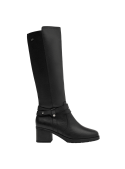 Bota negra de cuero para mujer, estilo casual, con caña alta y tacón cuadrado medio, ideal para invierno o lluvias.