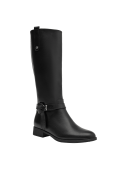 Bota negra casual de cuero para mujer, textura lisa y detalles distintivos, adecuada para ocasiones especiales.