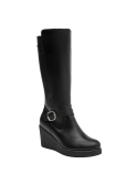 Elegante bota de cuero negro para mujer, caña alta y plataforma, ideal para uso diario en invierno, con ajuste seguro.