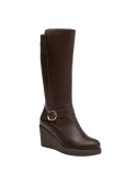 Bota de cuero marrón para mujer con caña alta hasta la rodilla, ideal para un look casual y urbano en invierno.