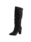 Elegante bota de cuero gamuzado negro para mujer, con punta levemente puntiaguda para un toque refinado.