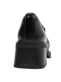 Mocasín negro de charol para mujer, sin cordones, con suela robusta y tacón ancho, cómodo y fácil de calzar.