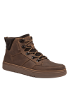 Botín de cuero café para hombre, diseño moderno con cordones gruesos y pasadores de metal que aseguran un ajuste firme.