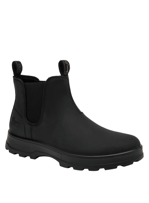 Botín Chelsea de cuero negro masculino con suela antideslizante, ideal para terrenos irregulares y uso diario.