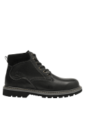 Botín negro de cuero masculino, estilo casual, con talón elevado y detalles artesanales, adecuado para un uso prolongado.