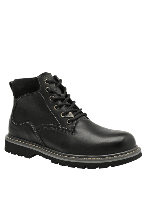 Calzado casual de cuero negro para hombre con suela gruesa y diseño atemporal, ideal para cualquier clima.