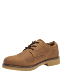 Zapato de cuero camel para hombre, estilo casual con costura visible y cordones, ofrece un ajuste cómodo y personalizado.