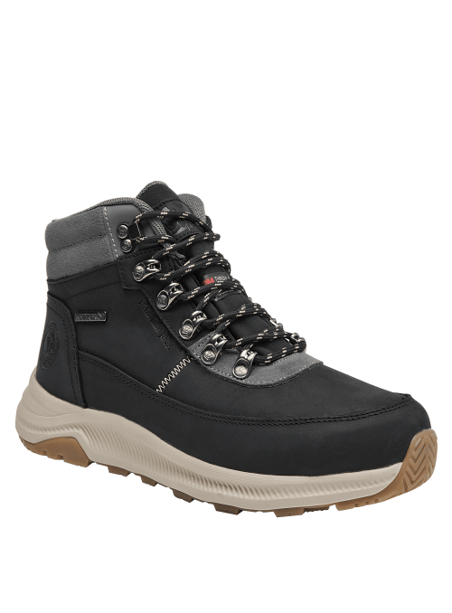 Calzado outdoor negro de cuero para mujer, con cordones asegurados por ojales metálicos y ganchos para un ajuste seguro.