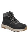 Calzado outdoor negro de cuero para mujer, con cordones asegurados por ojales metálicos y ganchos para un ajuste seguro.