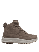 Botín taupe de cuero con entresuela elevada, proporcionando amortiguación y estabilidad al caminar.