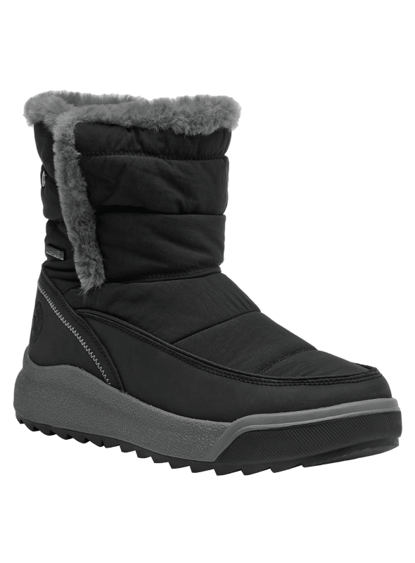Bota azul de mujer estilo outdoor, diseño acolchado y abrigador con material sintético resistente al agua.