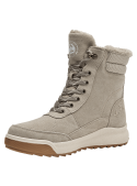 Botín de cuero beige, corte alto, cierre con cordones y suela de goma para tracción en terrenos difíciles.