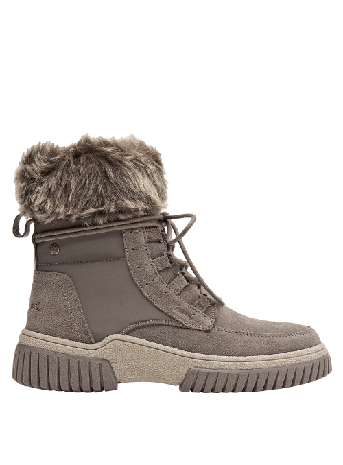 Botín de cuero taupe para mujer con detalles de pelo sintético, ideal para climas fríos y estilo casual elegante.