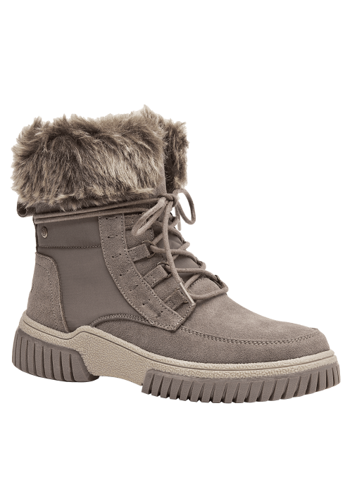 Botín de cuero taupe para mujer con detalles de pelo sintético, ideal para climas fríos y estilo casual elegante.