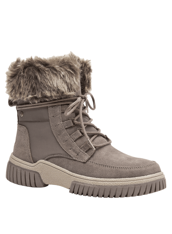 Botín de cuero taupe para mujer con detalles de pelo sintético, ideal para climas fríos y estilo casual elegante.