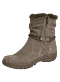 Bota de cuero taupe para mujer, diseño casual con forro de peluche y suela robusta, perfecta para caminatas urbanas.