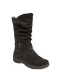 Bota marrón de cuero gamuza para mujer, con cierre lateral y hebilla decorativa, ideal para un estilo casual sofisticado.
