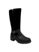 Bota de cuero negro de mujer, estilo vestir, con caña alta y hebilla decorativa en el empeine, ideal para uso diario.
