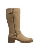 Bota de cuero camel, caña alta para protección contra el frío, diseño sencillo y funcional para diversas condiciones.