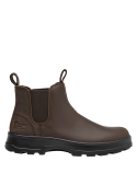 Calzado Chelsea de cuero café, con suela gruesa dentada que ofrece estabilidad y buen agarre en diversas superficies.