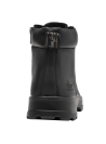 Botín de cuero negro para mujer, robusto y funcional, ideal para vestir y actividades al aire libre.