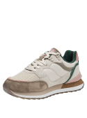 Zapatilla casual beige para mujer, detalles modernos en capas, ajuste seguro con cordones y ojales resistentes.