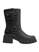 Bota de cuero negro con ajuste personalizado gracias a las correas superiores, combinando funcionalidad y estilo.