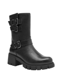 Bota biker de cuero negro para mujer con caña media y correas con hebillas metálicas, ideal para un estilo robusto.