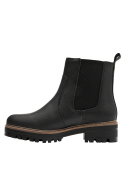 Botín Chelsea de cuero negro, caña media que cubre el tobillo, diseño clásico y funcional para diversas ocasiones.