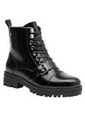 Botín negro de charol para mujer, diseño militar con cordones y hebilla decorativa en el empeine.