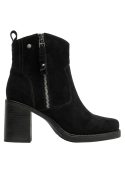 Botín de cuero negro con detalles en gamuza, estilo casual para mujer, cómodo y elegante para múltiples combinaciones.
