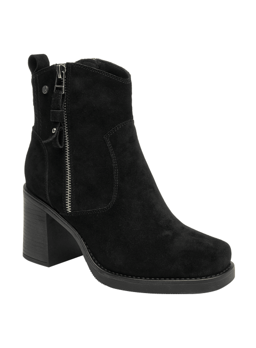 Botín negro de cuero para mujer, estilo casual con taco ancho y altura media, ideal para uso diario y máxima comodidad.