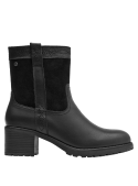 Bota de cuero negro para mujer, combinando texturas lisas y gamuza, adecuada para diversas ocasiones casuales.