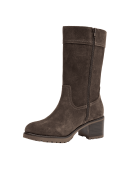 bota casual de cuero café para mujer con tacón grueso moderado que ofrece estabilidad y estilo para uso diario.